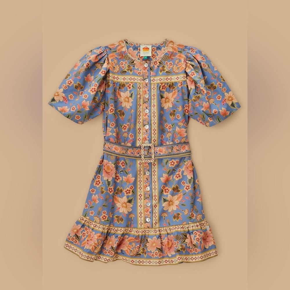 FARM Rio Blue Superbloom Tapestry Organic Cotton Mini Dress